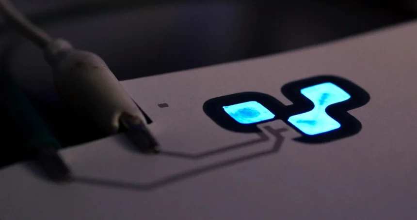 Wyświetlacz elektroluminescencyjny wydrukowany na Voltera NOVA, świecący na niebiesko