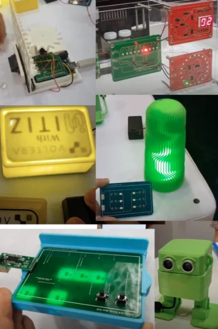Projekty elektroniczne uczniów wykonane na Voltera V-One, w tym robot sterowany głosem